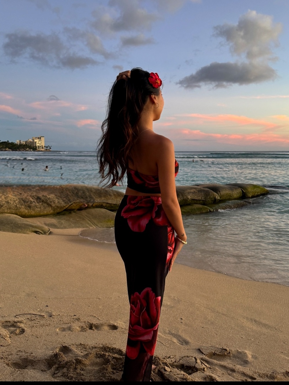 2 piece set Red rose print on black maxi skirt and tube top